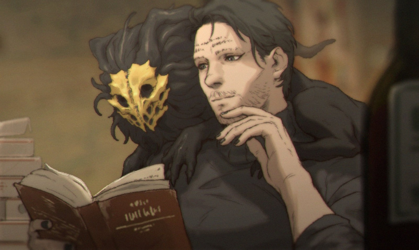 1boy, black_hair, black_nails, black_shirt, blurry, blurry_background, book, book_stack
