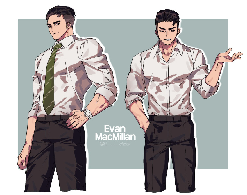 1boy, alternate_design, black_eyes, black_hair, black_pants, character_name, commentary_request, dead_by_daylight, diagonal-striped_necktie, green_necktie, hand_in_pocket, highres, korean_commentary, male_focus, muscular, muscular_male, necktie, original, pants, sleeves_rolled_up, smile, solo, the_trapper_(dead_by_daylight), tongchock, twitter_username, undercut