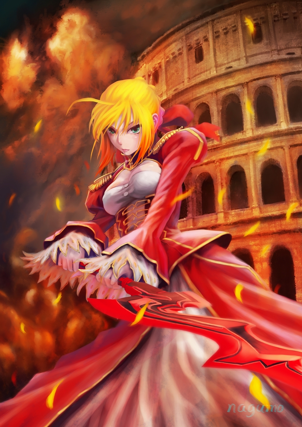 ahoge, aqua_eyes, blonde_hair, breasts, cleavage, cloud, clouds, colosseum