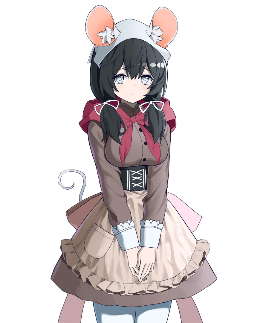 1girl, animal_ear_fluff, animal_ears, apron, black_corset, black_hair, breasts, brown_apron