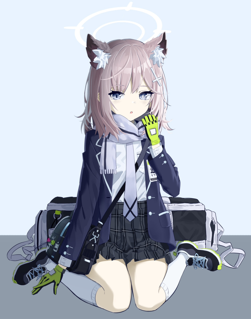 1girl, :o, animal_ears, black_bag, black_footwear, black_skirt, blazer, blue_archive