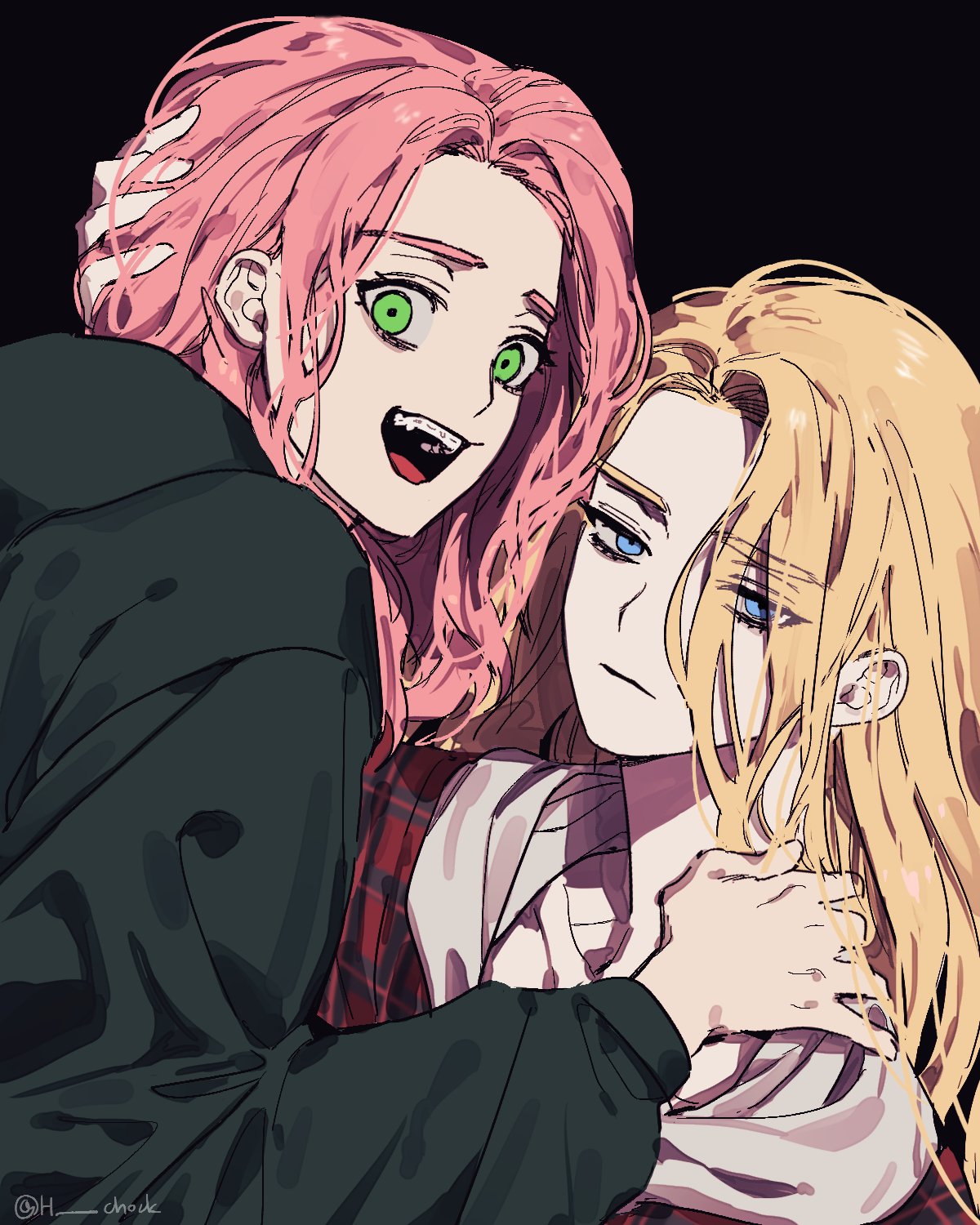 2girls, braces, commentary_request, crazy_eyes, dead_by_daylight, eyes_visible_through_hair, green_jacket, hair_over_one_eye, hand_in_another's_hair, highres, hood, hooded_jacket, jacket, julie_kostenko, korean_commentary, multiple_girls, open_mouth, plaid, plaid_jacket, red_jacket, smile, susie_(dead_by_daylight), tongchock, twitter_username