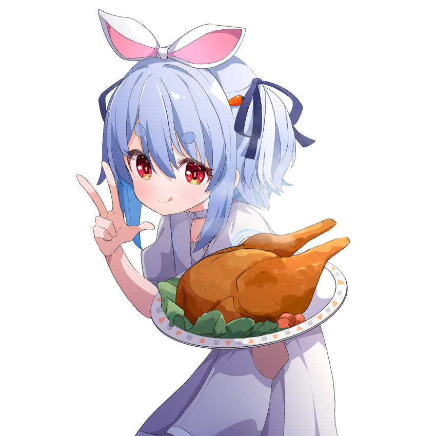 1girl, :q, absurdres, ame., animal_ears, blue_hair, blue_ribbon, blush, carrot_hair_ornament, choker, closed_mouth, commentary_request, dress, food, food-themed_hair_ornament, hair_between_eyes, hair_ornament, hair_ribbon, hands_up, highres, holding, holding_plate, hololive, looking_at_viewer, multicolored_hair, plate, puffy_short_sleeves, puffy_sleeves, rabbit-shaped_pupils, rabbit_ears, red_eyes, ribbon, sailor_collar, sailor_dress, short_eyebrows, short_sleeves, simple_background, smile, solo, streaked_hair, symbol-shaped_pupils, thick_eyebrows, tongue, tongue_out, turkey_(food), two-tone_hair, usada_pekora, virtual_youtuber, white_background, white_choker, white_dress, white_hair, white_sailor_collar