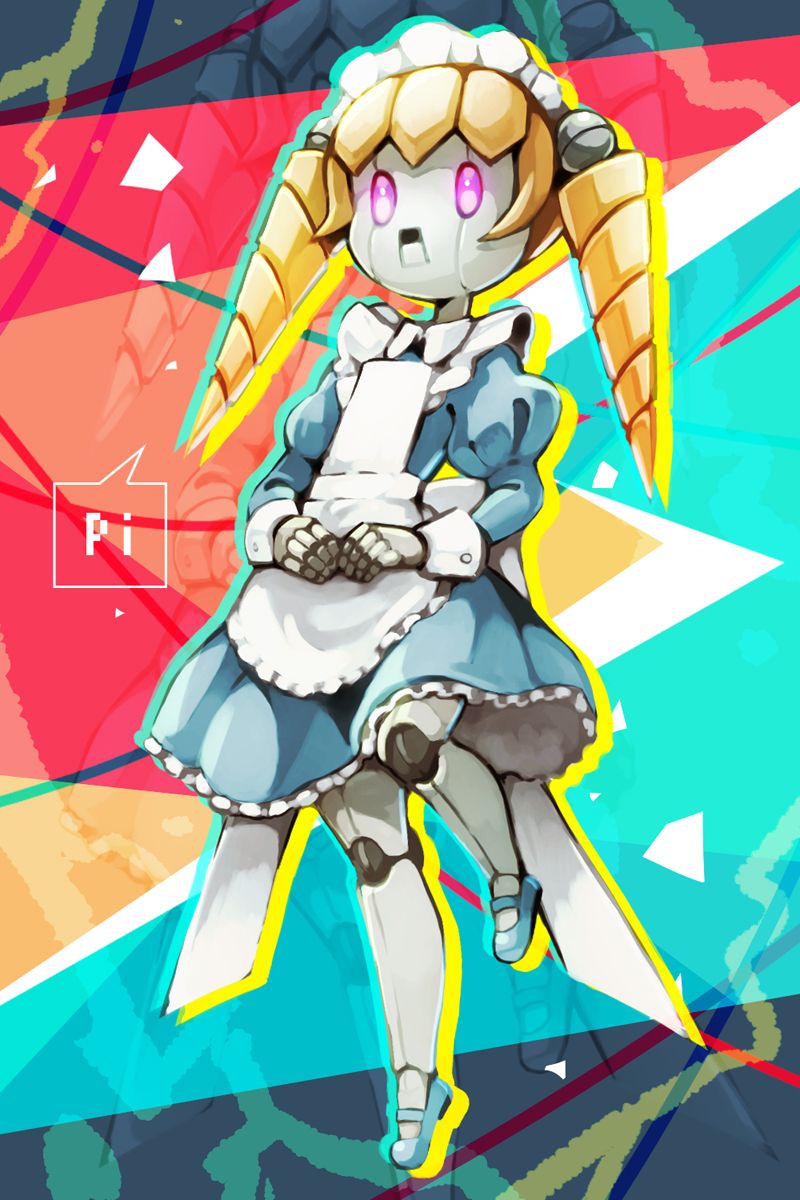 1girl, abstract_background, apron, blonde_hair, blue_dress, blue_footwear, dress, drill_hair