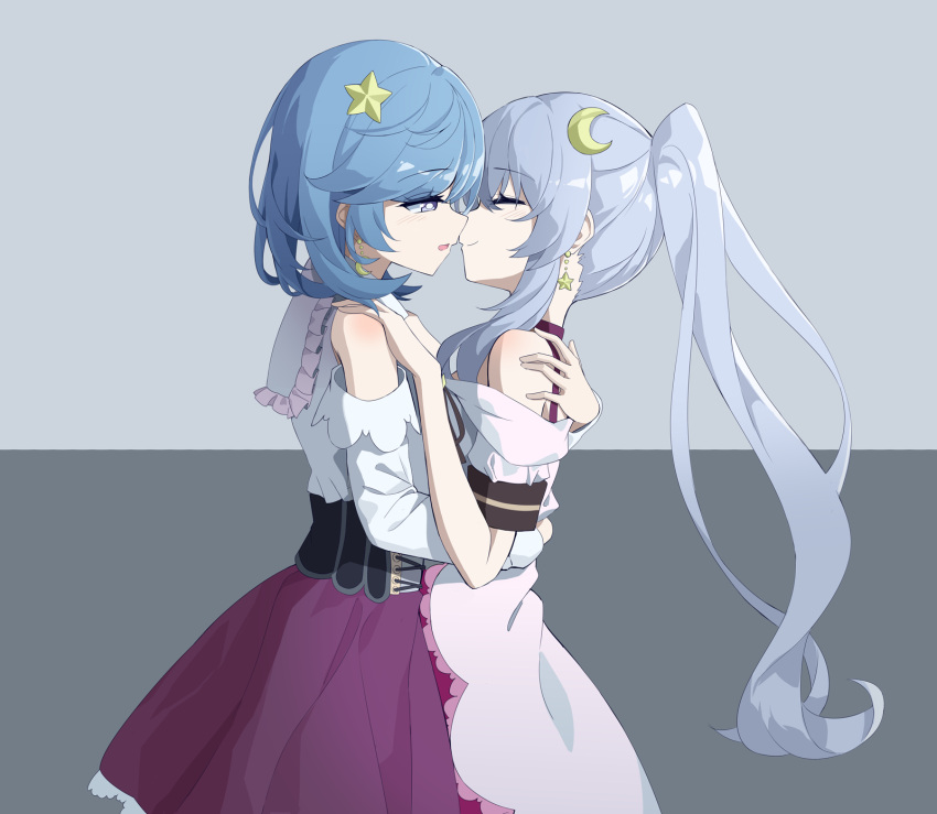 2girls, bare_shoulders, blue_eyes, blue_hair, blush, closed_mouth, clothing_cutout, commentary