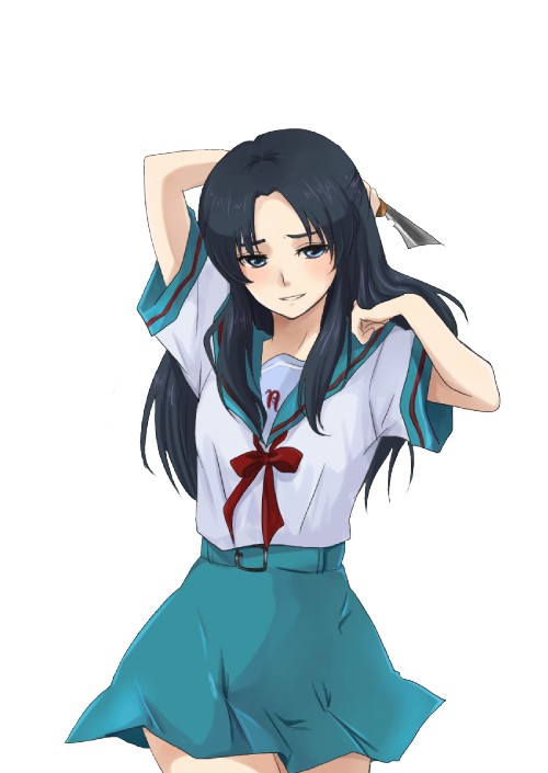 bad_id, blue_eyes, blue_hair, kakari_(peehs), knife, long_hair, peehs76, school_uniform, suzumiya_haruhi_no_yuuutsu
