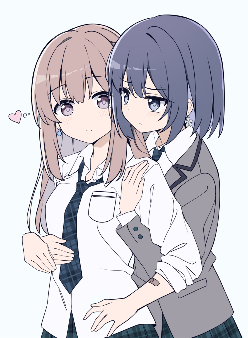 2girls, bandaid, bandaid_on_arm, blazer, blue_bow, blue_bowtie, blue_hair, blue_skirt