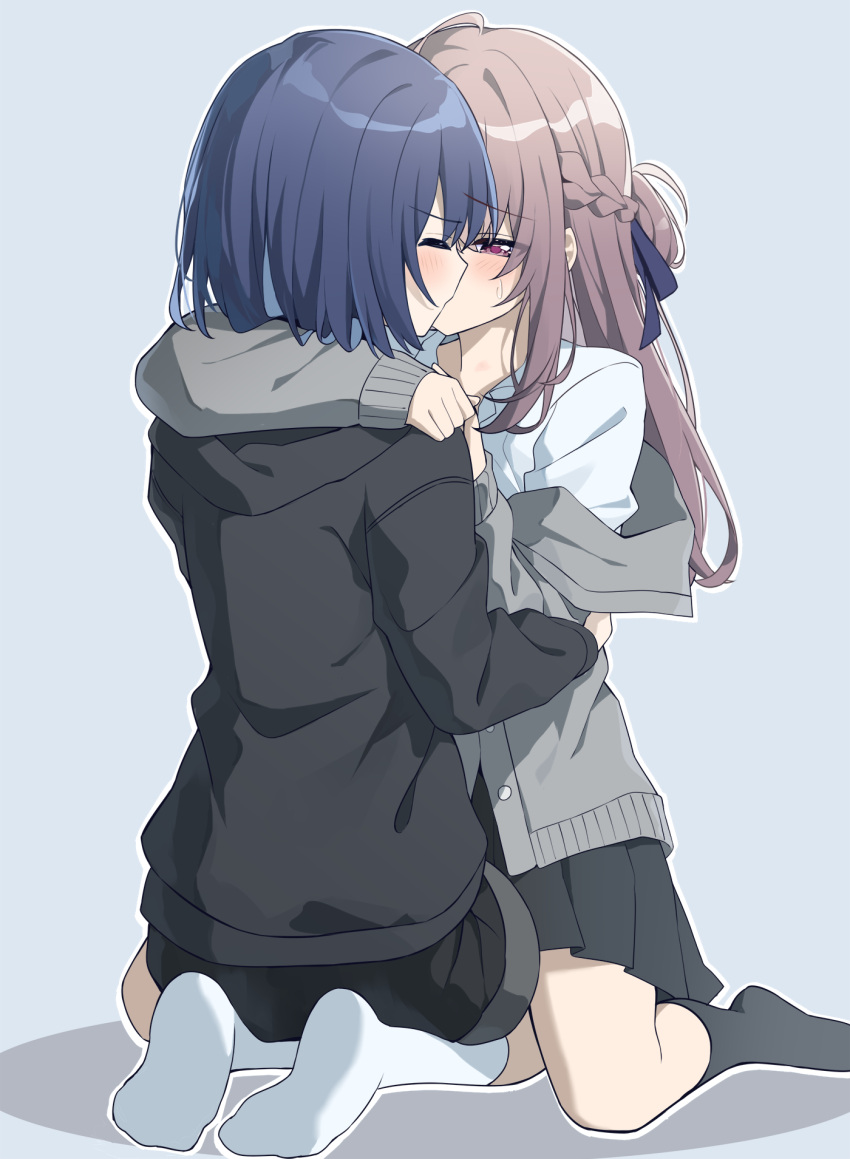 2girls, ahoge, arm_around_neck, black_hoodie, black_shorts, black_skirt, black_socks, blue-framed_eyewear
