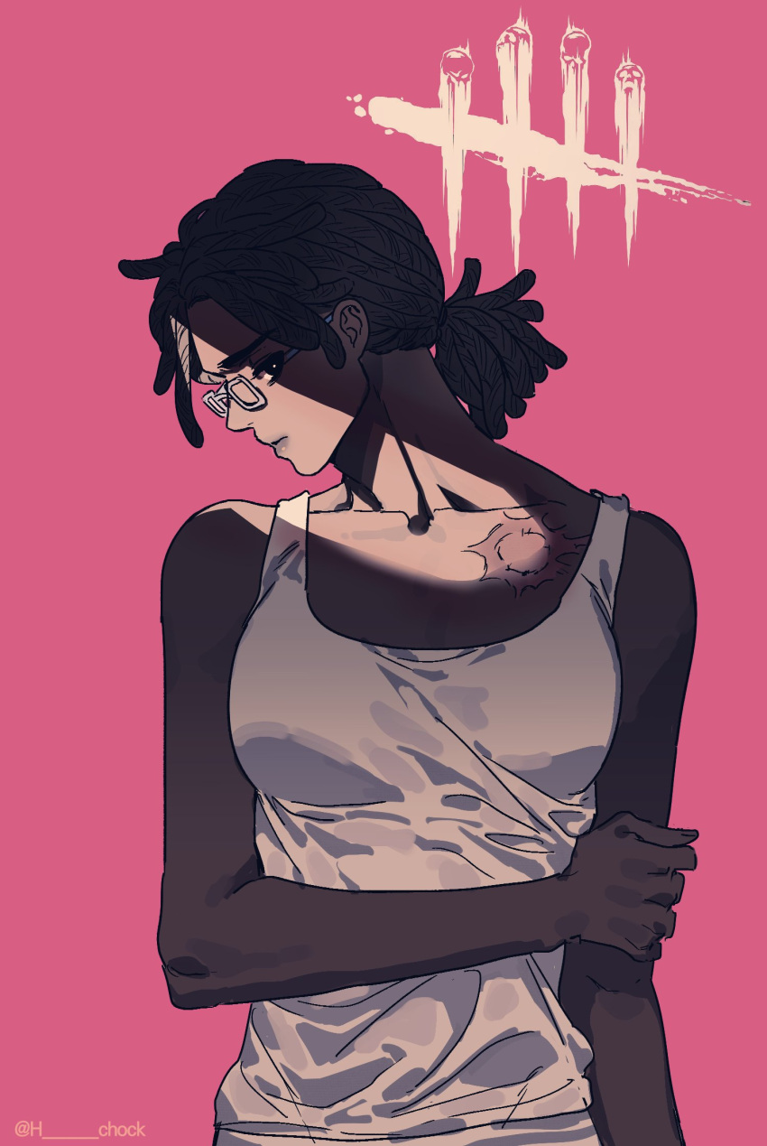 1girl, asymmetrical_breasts, breasts, brown_eyes, brown_hair, claudette_morel, commentary_request, dark-skinned_female