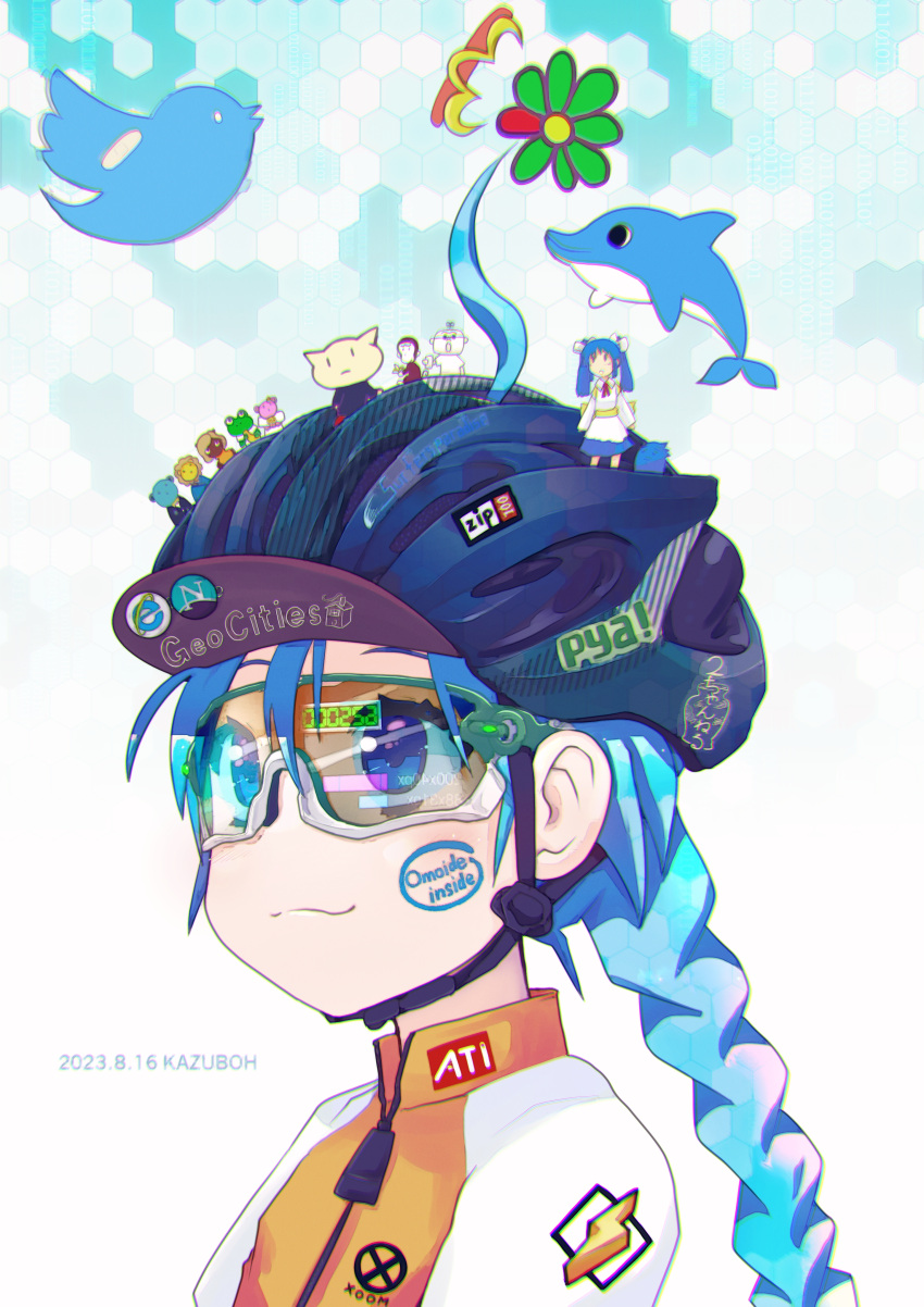2channel, 2girls, absurdres, ahoge, artist_name, bicycle_helmet, blue_eyes, blue_hair, blue_headwear, braid, chin_strap, chromatic_aberration, closed_mouth, dated, dolphin, fujitsu, helmet, highres, honeycomb_(pattern), honeycomb_background, intel, internet_explorer, jacket, kazuboh, light_blush, microsoft_windows, mini_person, minigirl, multiple_girls, nec_corporation, netscape, original, portrait, safety_glasses, sakura_(ukagaka), single_braid, twitter, ukagaka, winamp, yahoo!, zipper_pull_tab