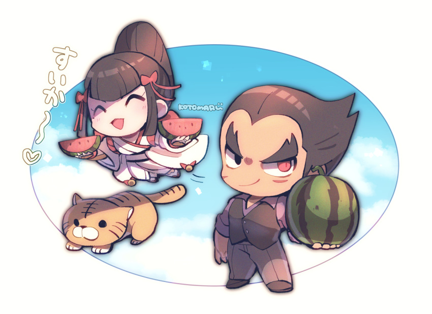 1boy, 1girl, ^_^, black_eyes, black_hair, black_vest, brown_pants, chibi
