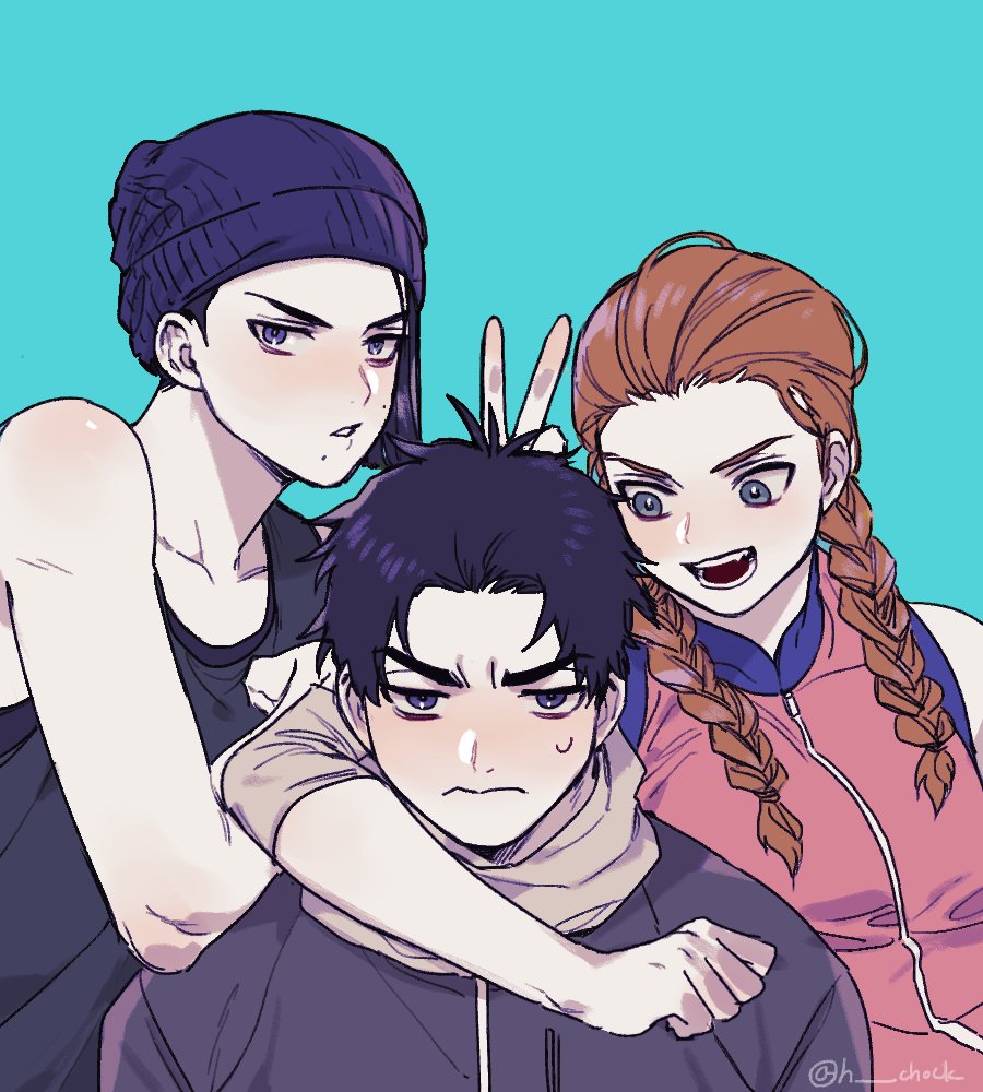 1boy, 2girls, aqua_background, arm_around_neck, beanie, black_hair, black_jacket, black_tank_top