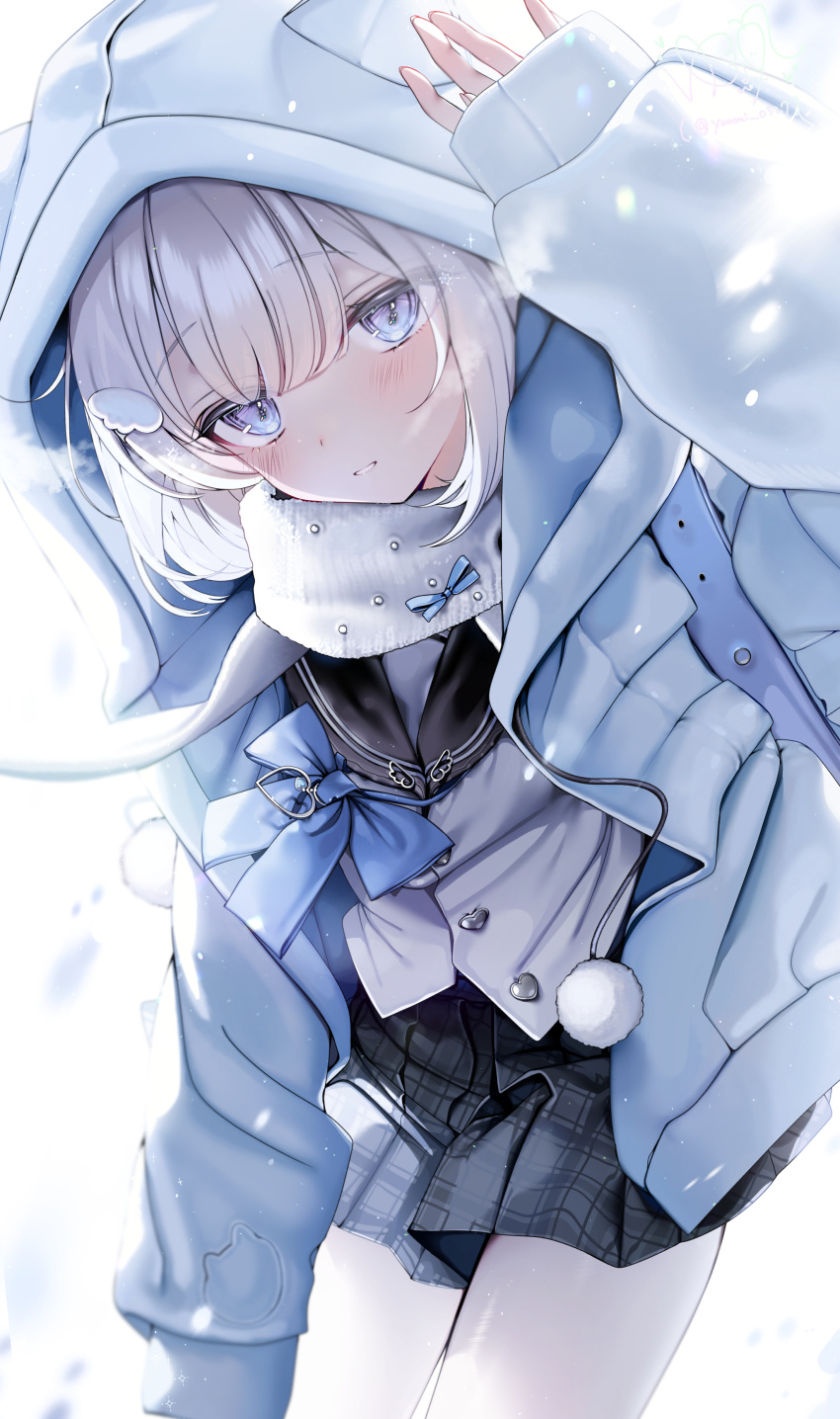 1girl, absurdres, black_sailor_collar, black_skirt, blue_bow, blue_bowtie, blue_eyes, blue_jacket