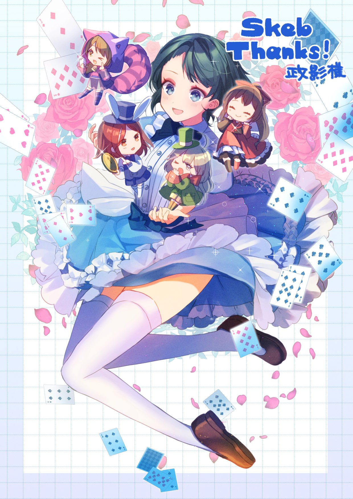 >_o, 5girls, aizawa_kazuha, alice_(alice_in_wonderland), alice_(alice_in_wonderland)_(cosplay), alice_in_wonderland, animal_ears, animal_hood