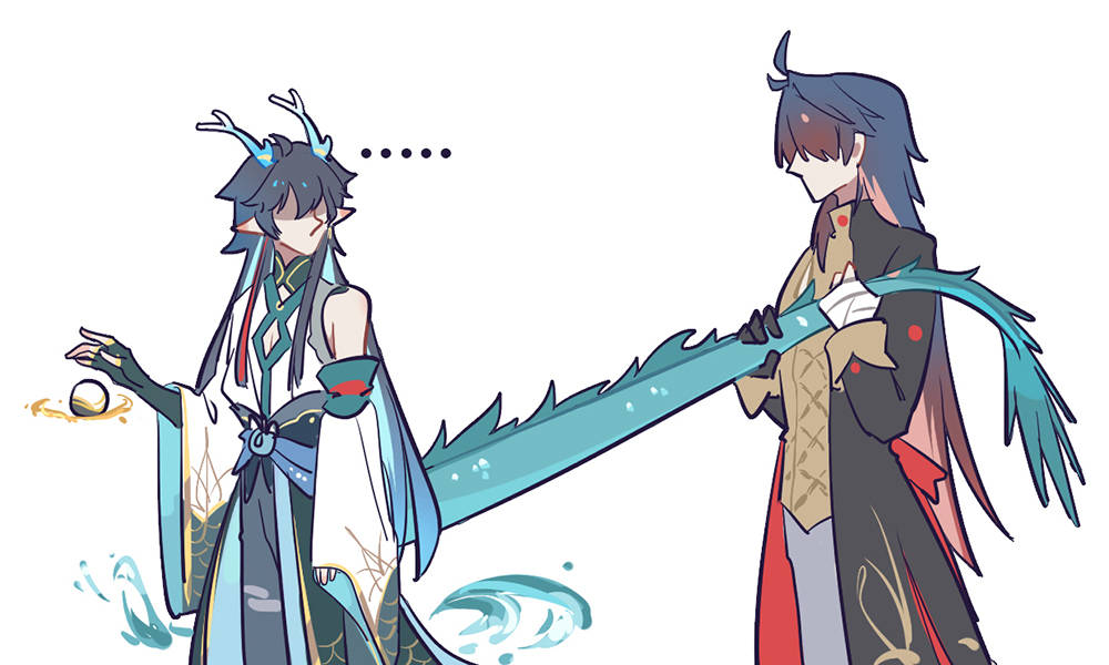 ..., 2boys, antenna_hair, aqua_horns, aqua_tail, arm_at_side, bandaged_hand, bandages