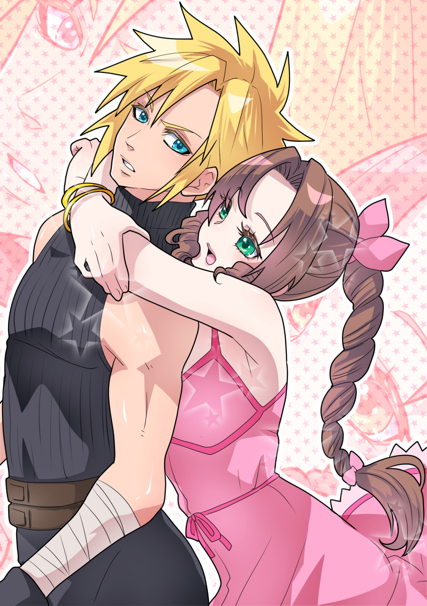 1boy, 1girl, absurdres, aerith_gainsborough, arms_around_waist, bandaged_arm, bandages, bangle, bare_shoulders, belt, blonde_hair, blue_eyes, blue_pants, blue_shirt, bracelet, braid, braided_ponytail, breasts, brown_belt, brown_hair, cloud_strife, cowboy_shot, dress, final_fantasy, final_fantasy_vii, final_fantasy_vii_remake, green_eyes, hair_ribbon, hetero, highres, hug, hug_from_behind, jewelry, long_dress, long_hair, looking_back, medium_breasts, multiple_belts, open_mouth, pants, parted_bangs, parted_lips, pink_dress, pink_ribbon, polka_dot, polka_dot_background, ribbon, shikiwo, shirt, short_hair, sidelocks, single_braid, sleeveless, sleeveless_dress, sleeveless_turtleneck, spiky_hair, toned, toned_male, turtleneck