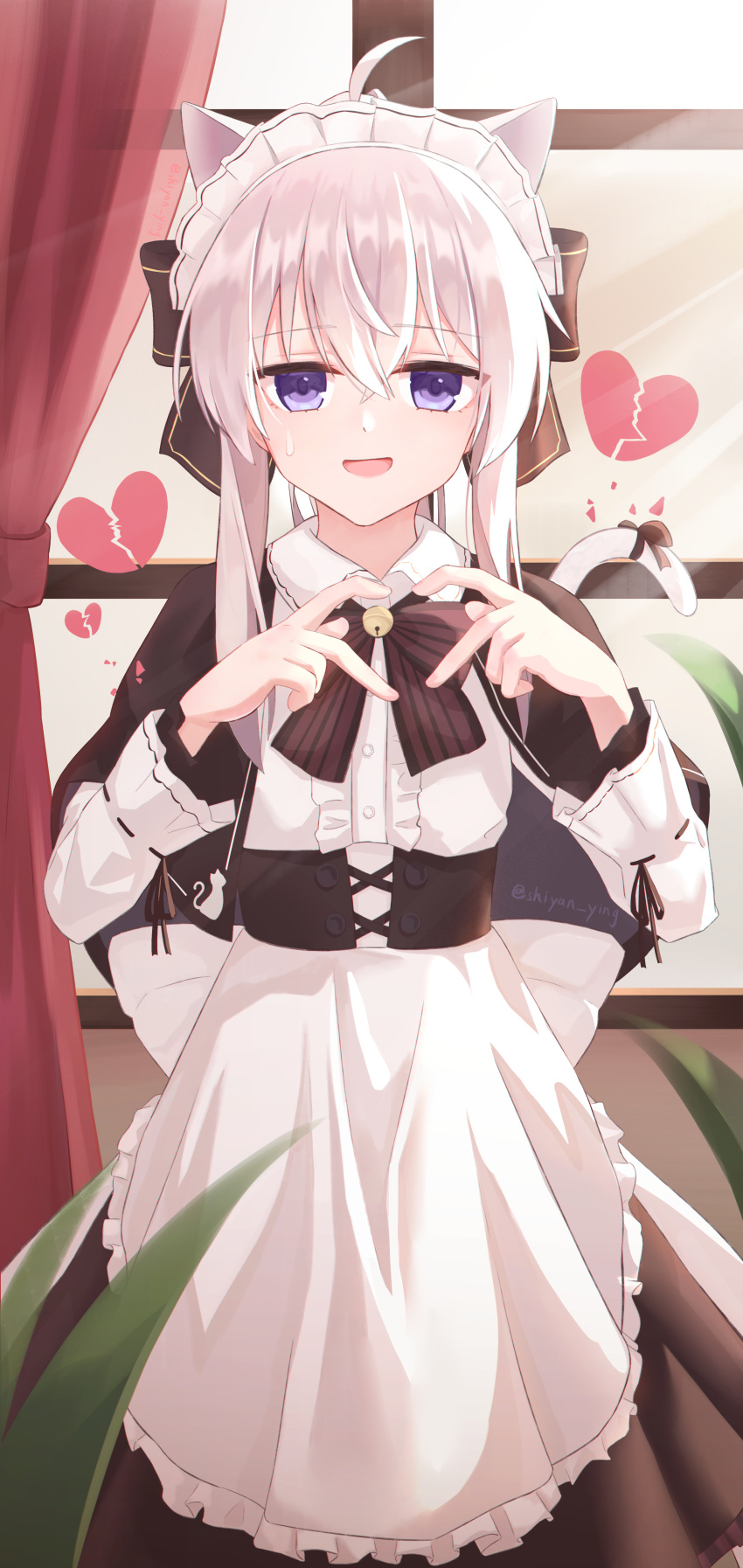 1girl, absurdres, animal_ears, apron, black_ribbon, cat_ears, cat_tail, corset, curtains, elaina_(majo_no_tabitabi), hair_ribbon, heart, heart_hands, highres, maid, maid_headdress, majo_no_tabitabi, ribbon, shiyan_ying, tail, violet_eyes, white_apron, white_hair, window