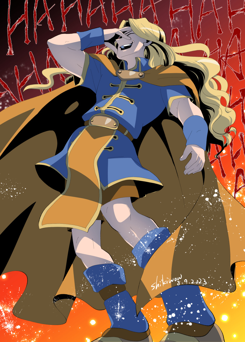 1boy, absurdres, artist_name, belt, blonde_hair, blue_footwear, blue_tunic, blue_wristband
