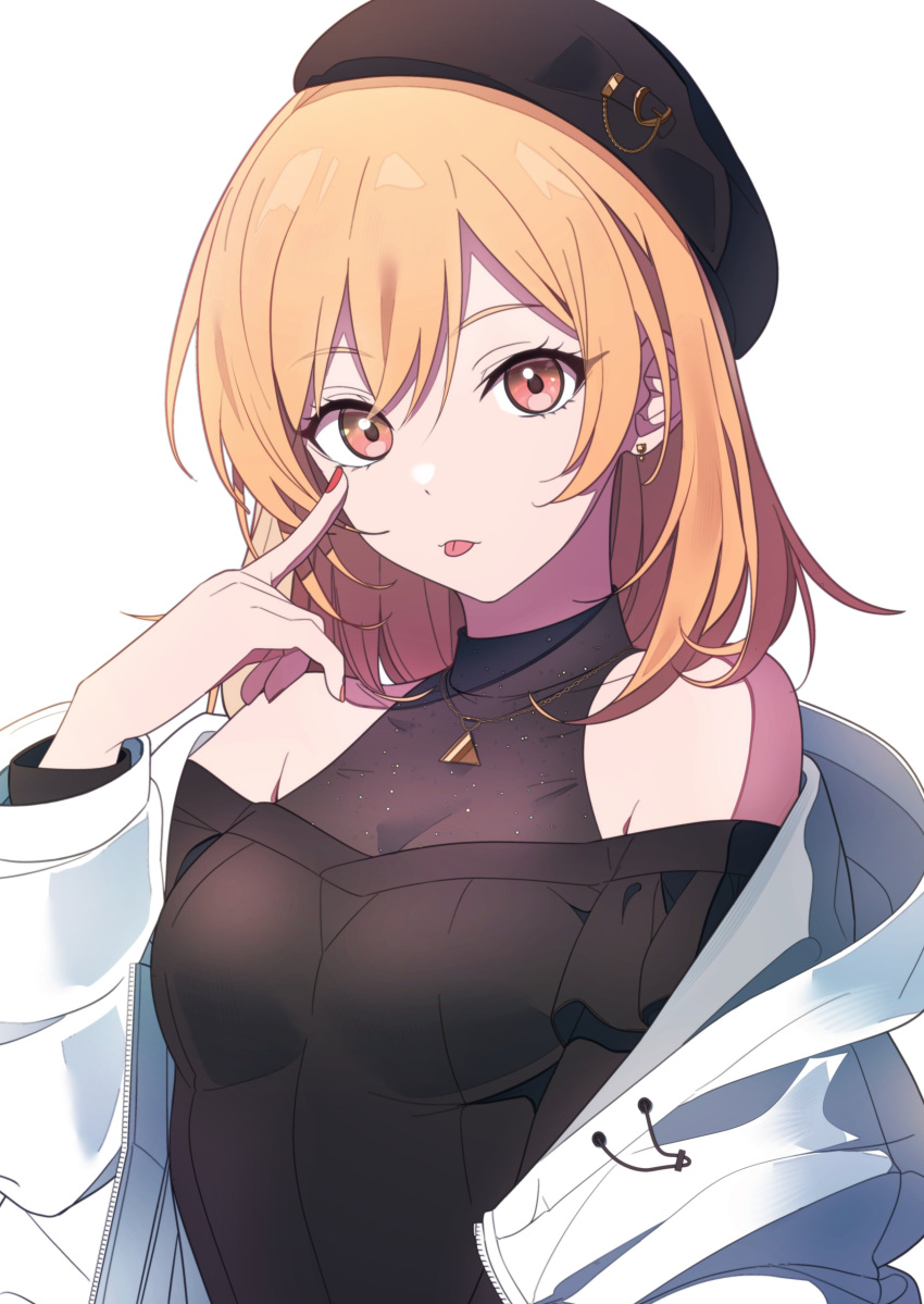 1girl, absurdres, akanbe, beret, black_headwear, black_shirt, blonde_hair, breasts