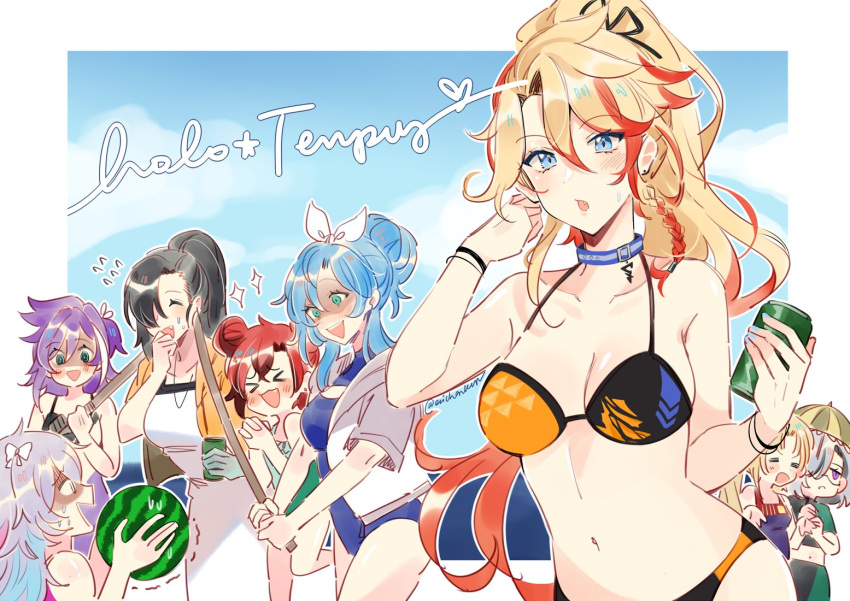 6+girls, axel_syrios, banzoin_hakka, beach, bikini, black_gloves, black_hair, blonde_hair