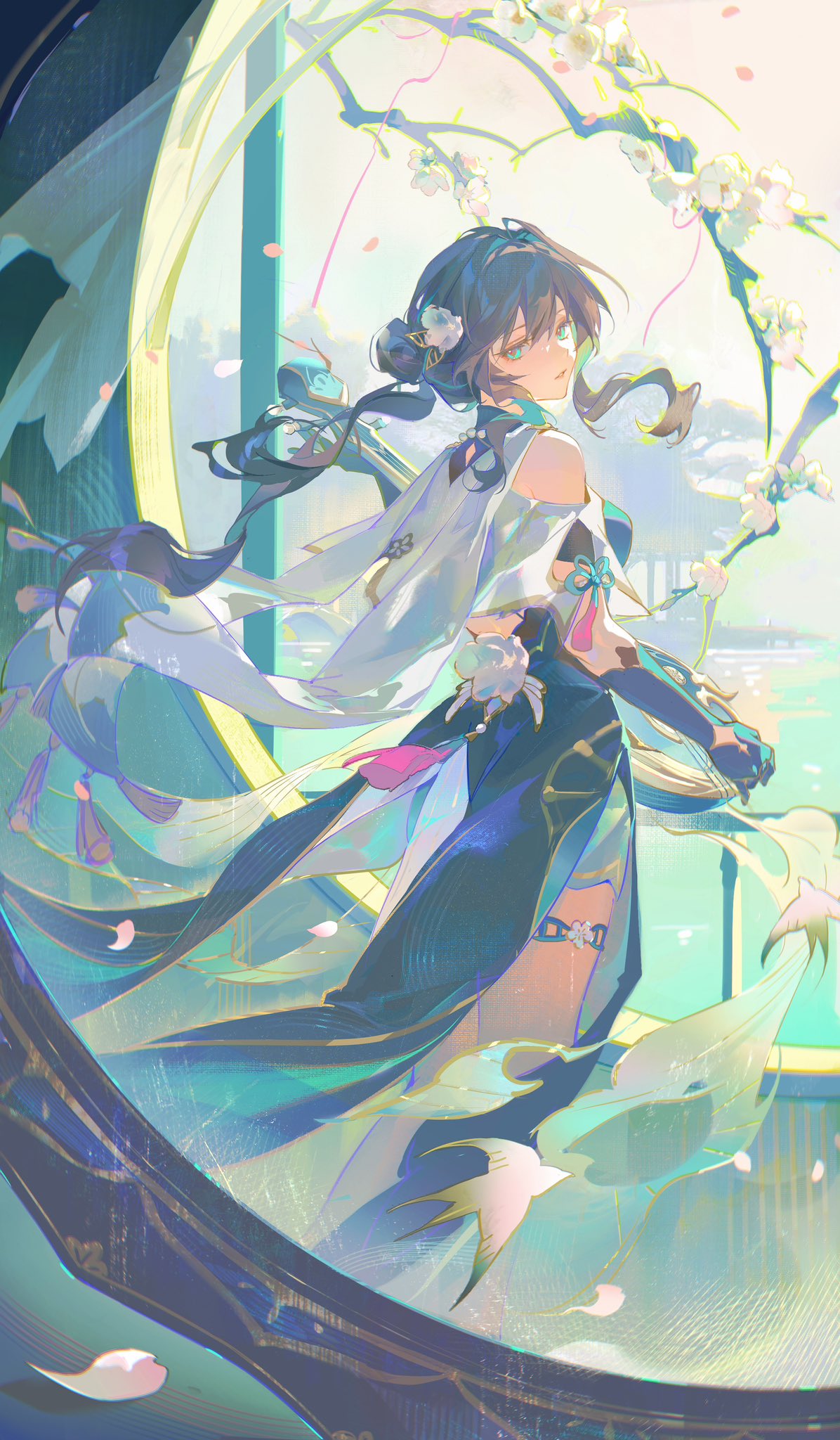 1girl, bare_shoulders, black_hair, blue_dress, blue_eyes, blue_gloves, blue_hair, branch, breasts, cape, capelet, chinese_clothes, clothing_cutout, day, double_bun, dress, elbow_gloves, flower, from_behind, gloves, gold_trim, gradient_sky, green_hair, hair_between_eyes, hair_bun, hair_flower, hair_ornament, half-closed_eyes, highres, holding, holding_instrument, honkai:_star_rail, honkai_(series), instrument, jewelry, koujuan, leaf_hair_ornament, long_hair, looking_at_viewer, looking_back, medium_breasts, multicolored_hair, necklace, pearl_necklace, petals, round_window, ruan, ruan_mei_(honkai:_star_rail), shoulder_cutout, sidelocks, sky, solo, standing, tassel, teeth, tree, twintails, white_capelet, white_flower, white_sky, window, yellow_sky