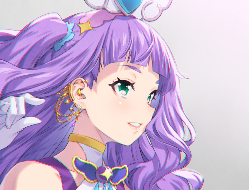 1girl, blunt_bangs, chromatic_aberration, collarbone, cure_majesty, ear_piercing, earrings, ellee-chan, floating_hair, gloves, green_eyes, grey_background, hair_ornament, hirogaru_sky!_precure, jewelry, kazuma_muramasa, long_hair, parted_lips, piercing, portrait, precure, purple_hair, solo, white_gloves