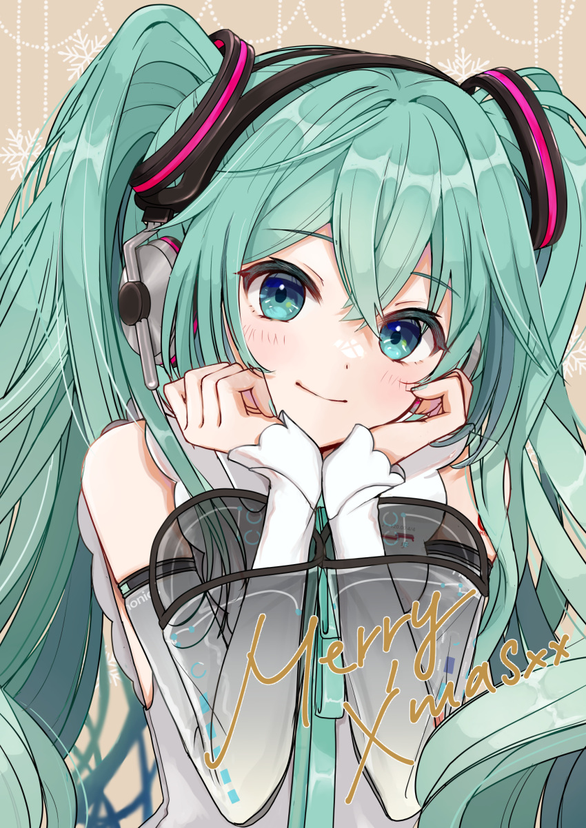 1girl, aqua_eyes, aqua_hair, aqua_ribbon, closed_mouth, detached_sleeves, grey_sleeves, hair_between_eyes