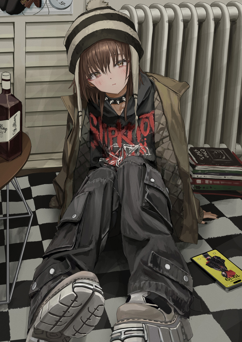 1girl, baggy_pants, black_headwear, black_nails, black_pants, black_shirt, brown_eyes, brown_hair, brown_jacket, expressionless, gothic, highres, jacket, looking_at_viewer, nadegata, open_clothes, open_jacket, original, pants, pentagram, shirt, sitting, slipknot, solo