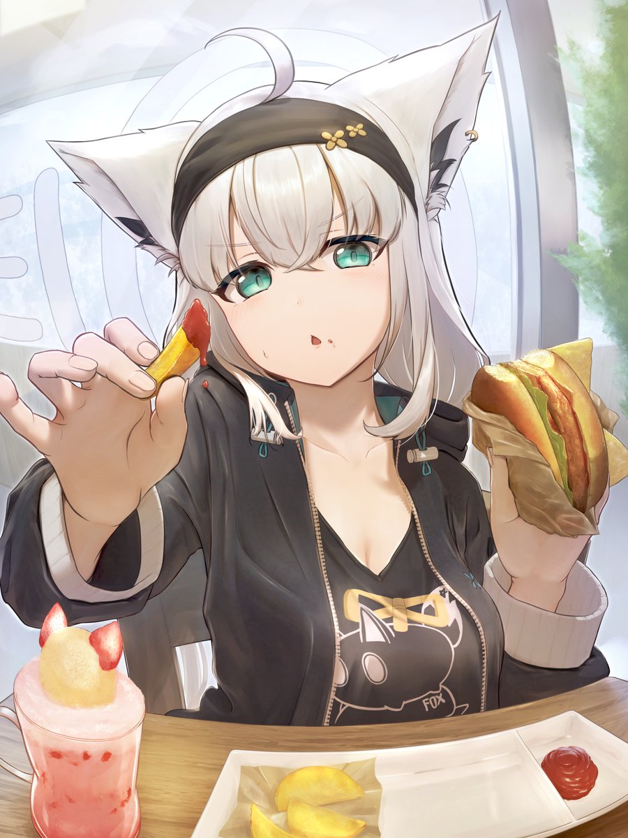 1girl, ahoge, animal_ear_fluff, animal_ears, aqua_eyes, black_hairband, black_jacket, black_shirt