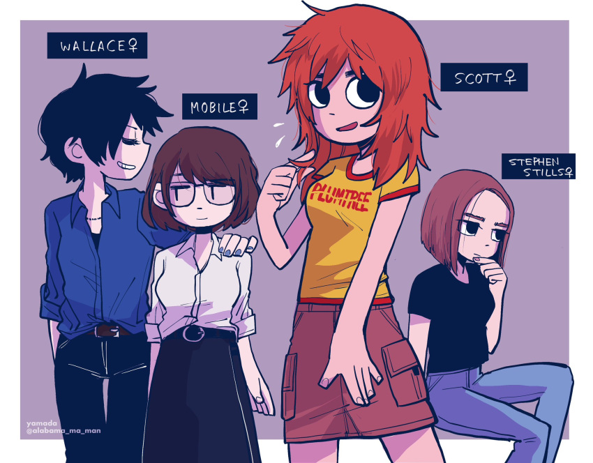 4girls, arm_on_shoulder, black_hair, black_shirt, brown_hair, genderswap_(mtf), hand_on_another&amp;#039;s_shoulder, looking_at_viewer