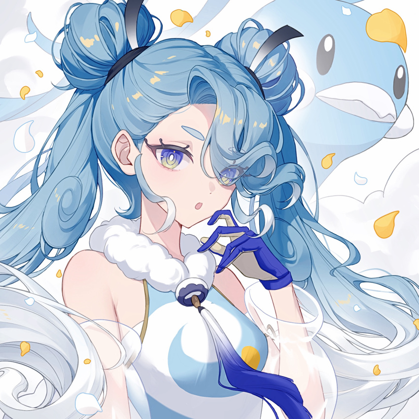 1girl, altaria, bare_shoulders, blue_eyes, blue_gloves, blue_hair, detached_sleeves, double_bun