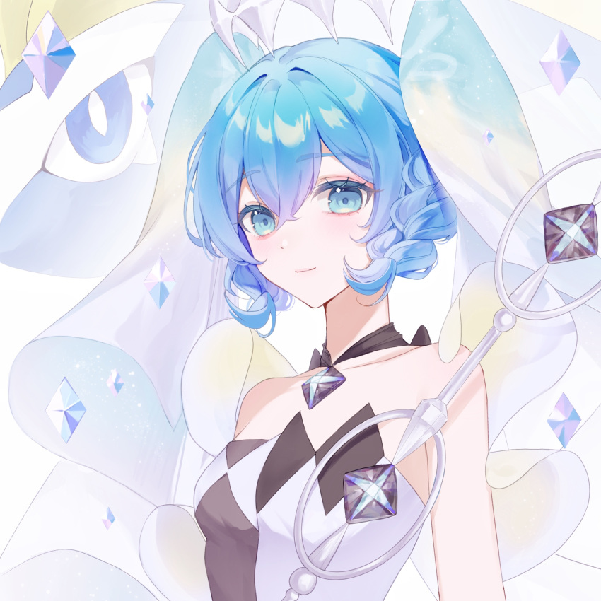 1girl, aurorus, bare_shoulders, black_dress, blue_eyes, blue_gemstone, blue_hair, dress, gem, hatsune_miku, highres, jewelry, looking_at_viewer, necklace, official_alternate_costume, pokemon, pokemon_(creature), portrait, project_voltage, rock_miku_(project_voltage), see-through_veil, short_hair, simple_background, two-tone_dress, vocaloid, white_background, white_dress