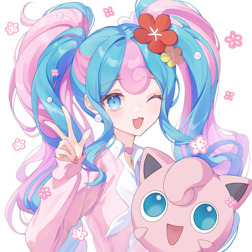 1girl, blue_eyes, blue_hair, collared_shirt, fairy_miku_(project_voltage), flower, hair_flower, hair_ornament