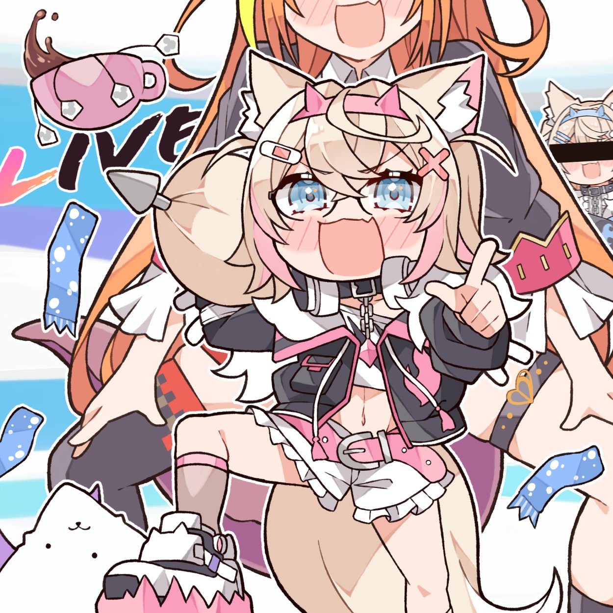 3girls, animal_ear_fluff, animal_ears, bandaid, bandaid_hair_ornament, bar_censor, belt, black_jacket
