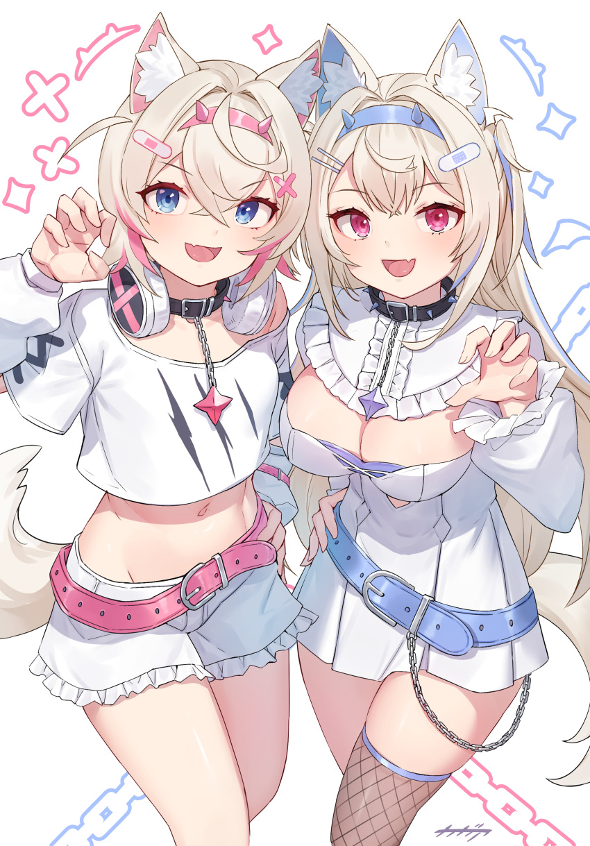 2girls, absurdres, animal_ear_fluff, animal_ears, arpeggio_kaga, bandaid, bandaid_hair_ornament, belt