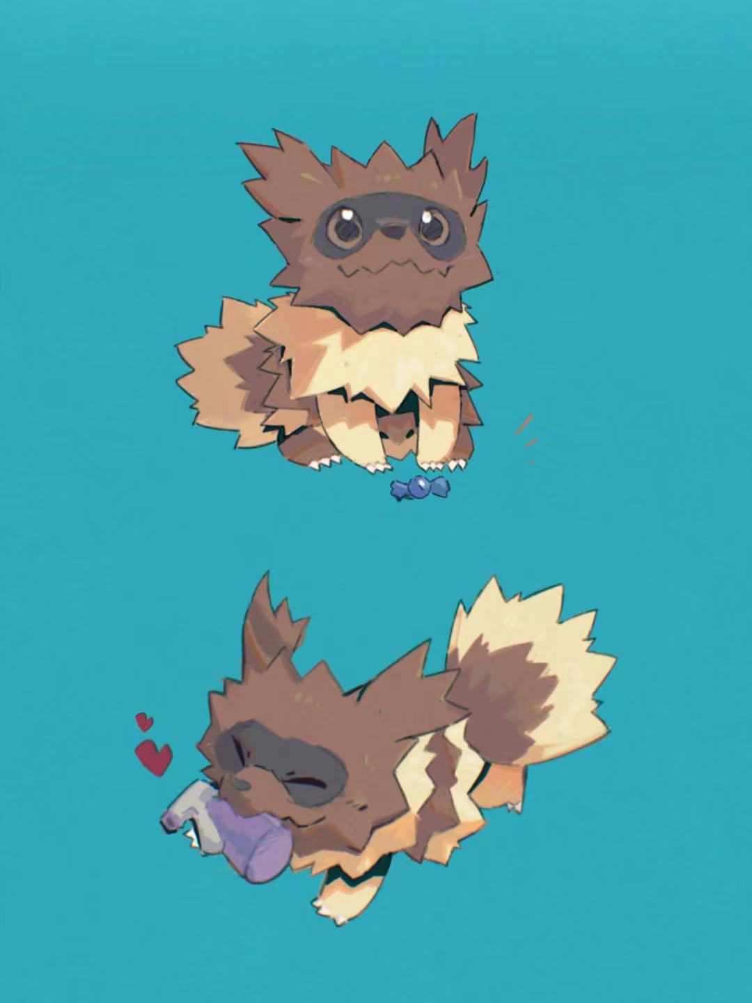 ^_^, arc_draws, blue_background, brown_eyes, claws, closed_eyes, closed_mouth, commentary_request, heart, highres, no_humans, pickup_(pokemon), pokemon, potion_(pokemon), rare_candy, simple_background, sitting, smile, zigzagoon