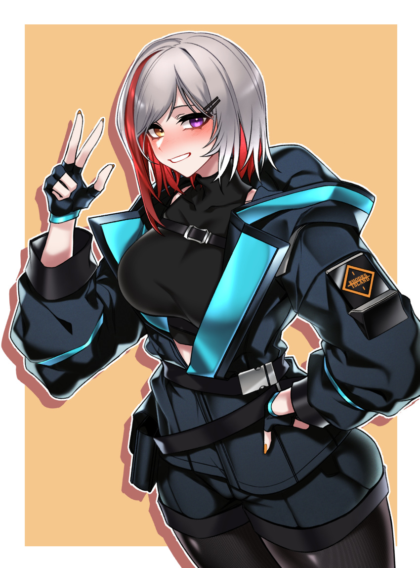 1girl, absurdres, arknights, black_pantyhose, black_shirt, black_shorts, blue_jacket, blush