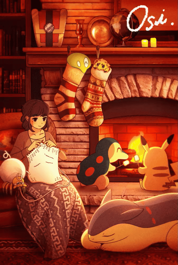 1girl, animated, animated_gif, blanket, brown_hair, chair, christmas_stocking, closed_mouth, commentary_request, cyndaquil, fireplace, food, indoors, joltik, knitting, knitting_needle, long_sleeves, looking_down, marshmallow, medium_hair, needle, oshiruko_(oshiruko_s2), pikachu, pokemon, pokemon_(creature), roasting, rug, shirt, signature, sitting, stick, tarountula, typhlosion, zygarde, zygarde_core