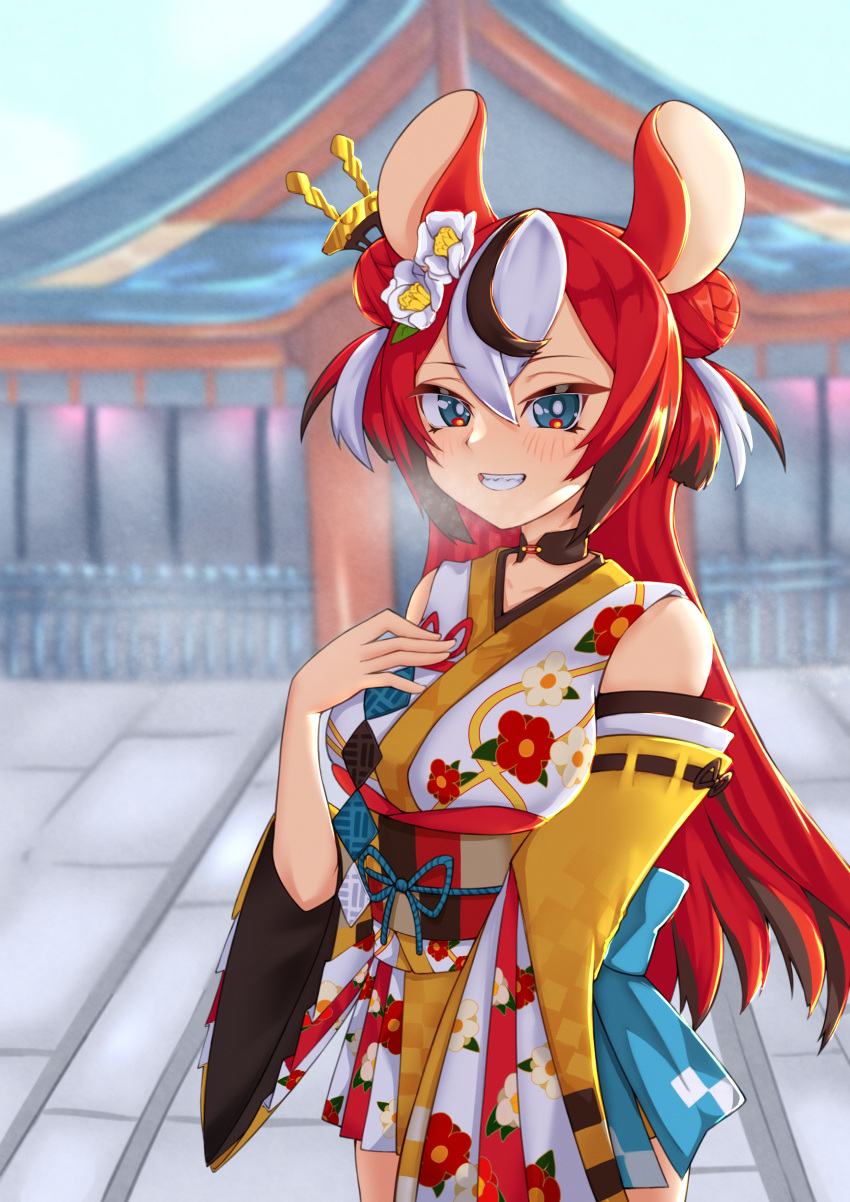 1girl, absurdres, animal_ears, black_hair, blue_eyes, blush, detached_sleeves, double_bun