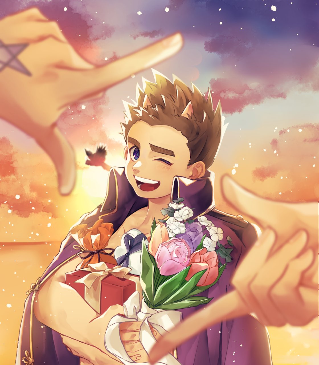 1boy, bird, blue_eyes, blurry, blurry_foreground, bouquet, box, carnation