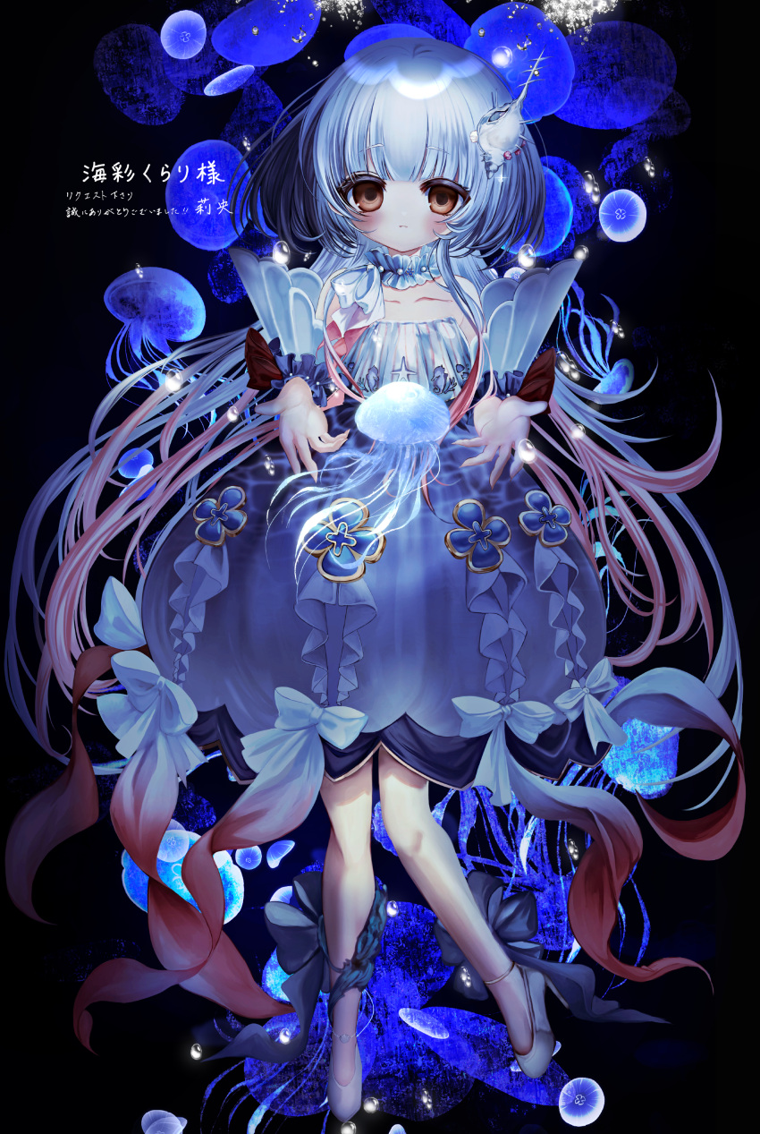 1girl, absurdres, ankle_bow, anklet, black_background, blue_background, blunt_bangs, blush