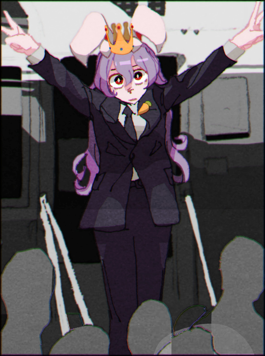 1girl, 3others, absurdres, black_jacket, black_necktie, black_pants, carrot_pin, crown, double_v, headhonchkrow, highres, jacket, long_hair, mini_crown, multiple_others, necktie, pants, parody, pink_hair, red_eyes, reisen_udongein_inaba, richard_nixon, suit, suit_jacket, touhou, v, very_long_hair, white_background