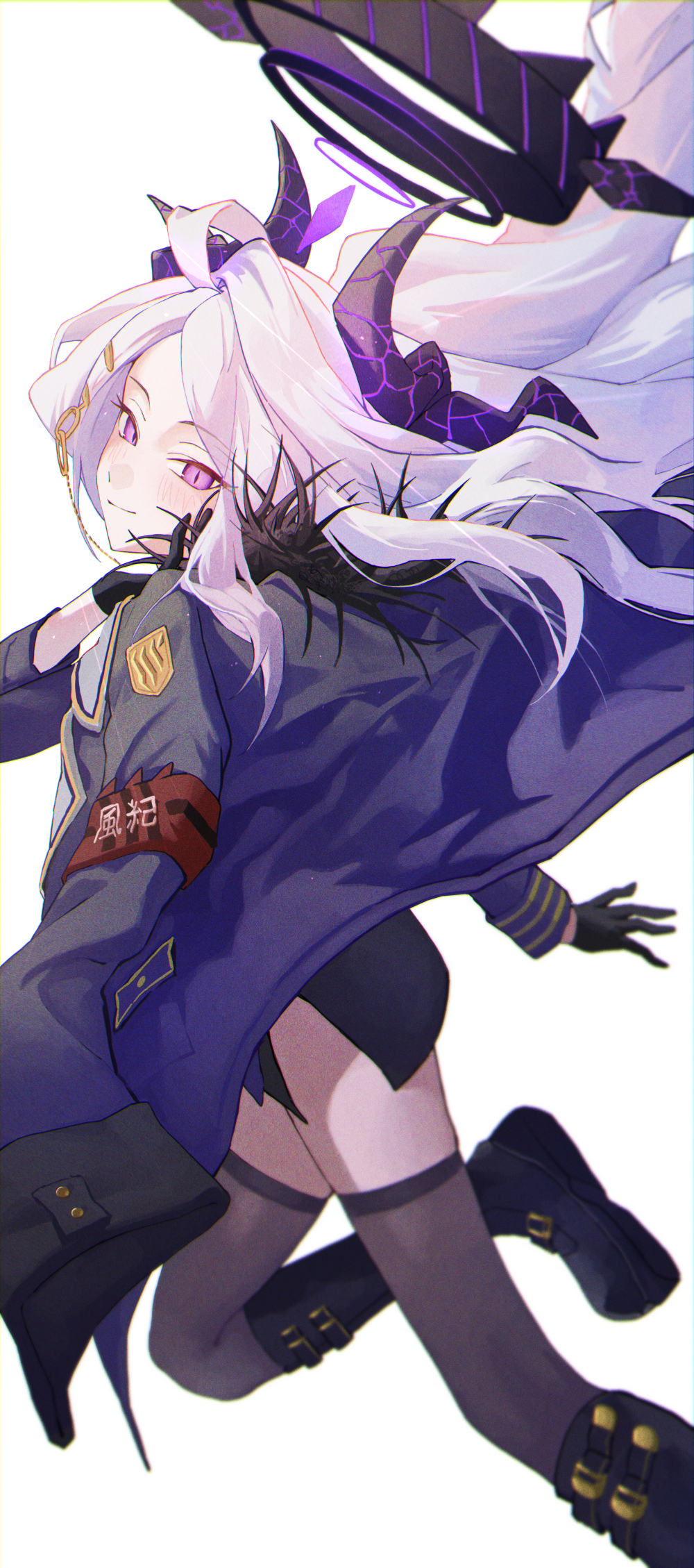 1girl, armband, black_footwear, black_gloves, black_halo, black_horns, black_skirt, black_thighhighs
