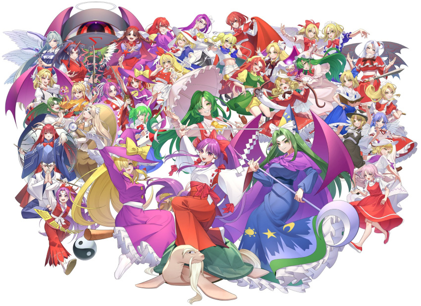 1boy, 1girl, 5girls, 6+girls, alice_margatroid, alice_margatroid_(pc-98), angel_wings, animal_on_shoulder