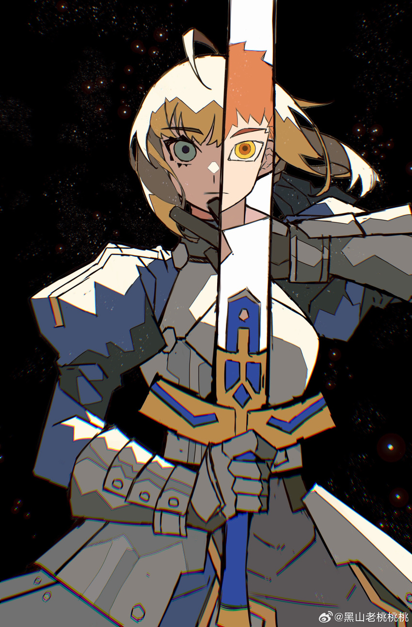 1girl, absurdres, ahoge, armor, armored_dress, artoria_pendragon_(fate), black_background, black_gloves