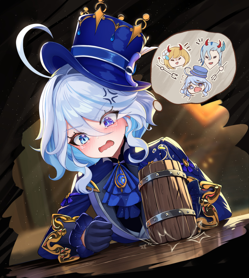 1girl, ahoge, anger_vein, ascot, beer_mug, blue_ascot, blue_eyes, blue_hair, blue_headwear, blush, brooch, commentary_request, crying, crying_with_eyes_open, cup, demon_horns, furina_(genshin_impact), genshin_impact, hat, highres, horns, jewelry, long_sleeves, lumine_(genshin_impact), mug, nekoda_(maoda), neuvillette_(genshin_impact), nose_blush, short_hair, tears, thought_bubble, top_hat, upper_body, v-shaped_eyebrows