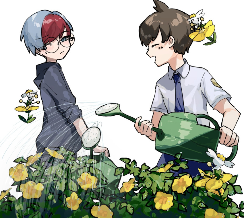 1boy, 1girl, blue_hair, brown_hair, closed_mouth, collared_shirt, flabebe, flabebe_(yellow)