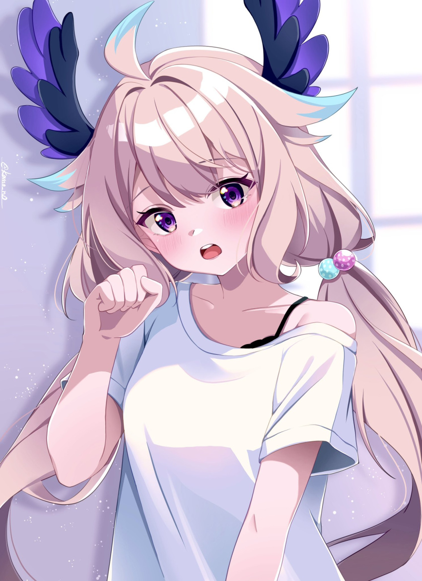 1girl, ahoge, black_bra, blonde_hair, blue_hair, blush, bra, bra_strap