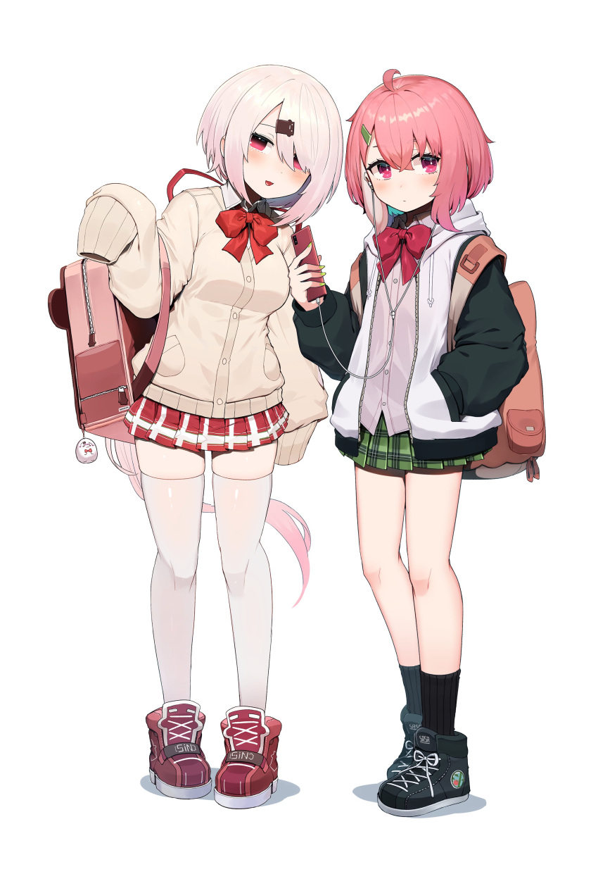 2girls, absurdres, ahoge, backpack, bag, black_footwear, bow, bowtie