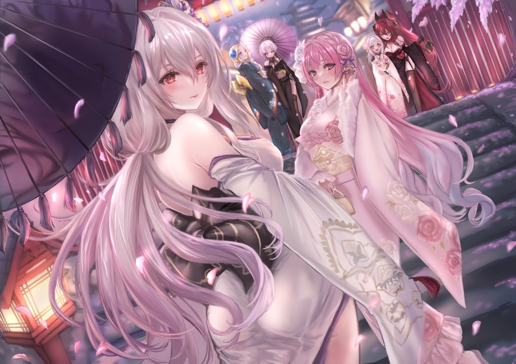 6+girls, alternate_costume, alternate_hairstyle, ass, bare_legs, black_kimono, blonde_hair, blue_kimono